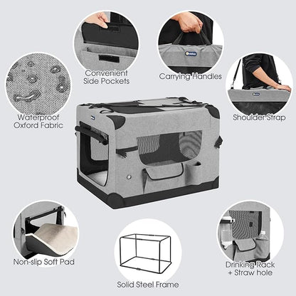 Veehoo 36 inch Folding Soft Dog Crate, 4-Door Portable Collapsible Pet Kennel Travel Dog Crate for Large Dogs, 5 x Durable Mesh Screen, 600D Oxford Fabric, Indoor & Outdoor Use, Grey, CWB2428CP