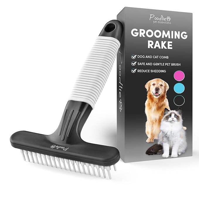 POODLIE Poodle Pet Dog Grooming Rake | Dematting Tool with Stainless Steel Shedding Comb for Pets | 2 Rows of Pins Gently Remove Loose or Tangled Hair from Undercoat (Black)