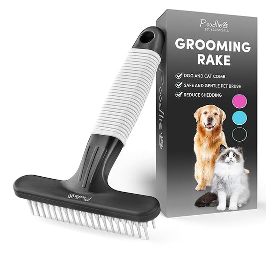 POODLIE Poodle Pet Dog Grooming Rake | Dematting Tool with Stainless Steel Shedding Comb for Pets | 2 Rows of Pins Gently Remove Loose or Tangled Hair from Undercoat (Black)