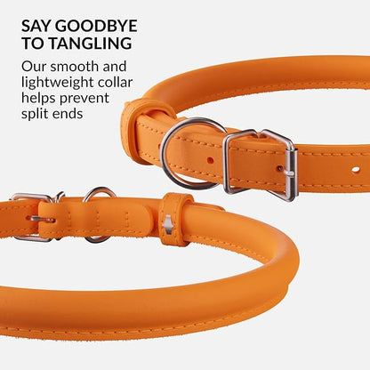 CollarDirect Rolled Leather Dog Collar, Soft Padded Round Puppy Collar, Handmade Genuine Leather Collar Dog Small Large Cat Collars 13 Colors (18-22 Inch, Orange Smooth)