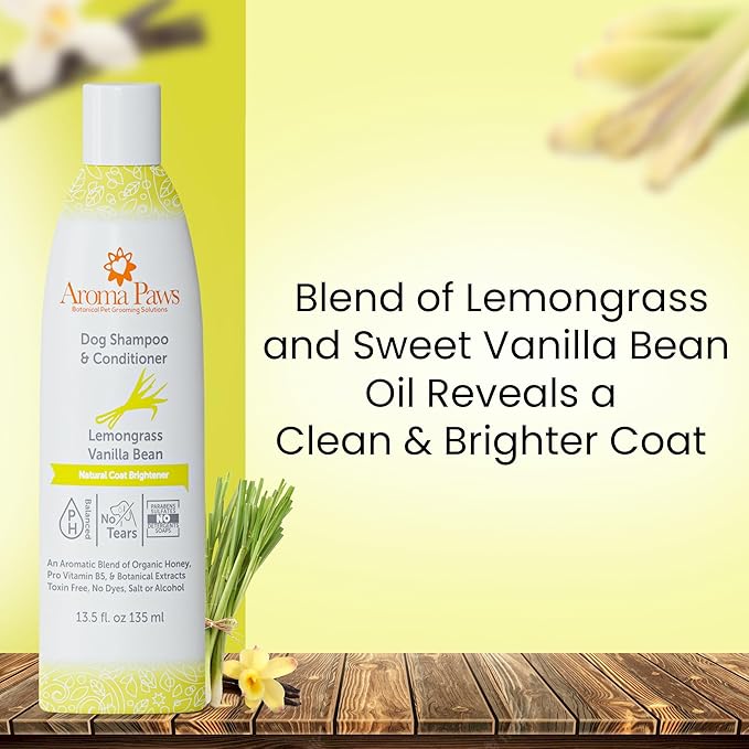 Dog Shampoo – Cleansing Wash, Conditioning, Moisturizing – Healthy Ingredients – Aromatic Grooming Puppy Shampoo – Tearless Cleaner, Lemongrass Vanilla Bean 13.5 oz