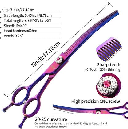 7" Professional Curved Thinning Scissors for Dog Grooming Sharp Blades Blending Shears Dog Grooming Scissors Japan 440C Stainless Steel Smooth Motion & Fine Cutting(Multicolored)