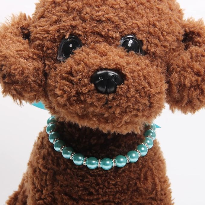 Dog Cat Pearls Necklace Collar with Bling Accessories and Ribbon Bow Pet Puppy Jewelry for Female Dogs Cats Small Medium (L, Blue)