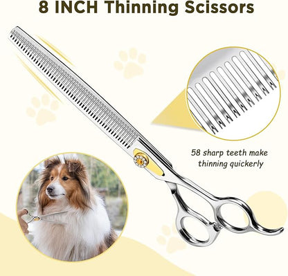 Gimars 8 Inch Professional 440C Stainless Steel Dog Grooming Scissors Heavy Duty 6 In 1 - Straight, Thinning, Chunker, Curved Shears and Comb, Ergonomic Pet Grooming Scissor for Dogs, Cats