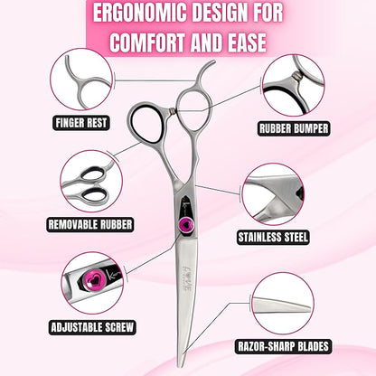 Kenchii Left Handed Dog Grooming Scissors | 7 Inch Shears | Curved Scissors for Dog Grooming | Love Collection Dog Shears | Pet Grooming Accessories | Pet Hair Trimming Scissor