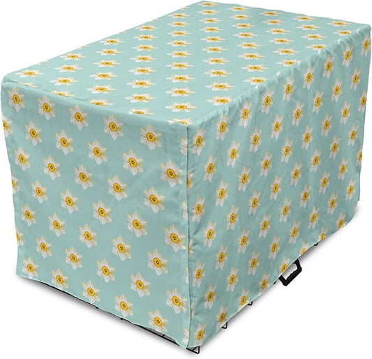 Lunarable Daffodil Dog Crate Cover, Pastel Nature Pattern with Spring Field Theme Narcissus Flower Heads, Easy to Use Pet Kennel Cover for Cats & Medium Dogs, 24 Inch, Seafoam Cream Yellow