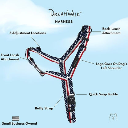 ShawnCo Dream Walk No-Pull Dog Harness- Adjustable, Comfortable, Easy to Use Pet Halter to Help Stop Pulling for Small, Medium and Large Dogs- Art Pattern Designs (Stars and Stripes, M)