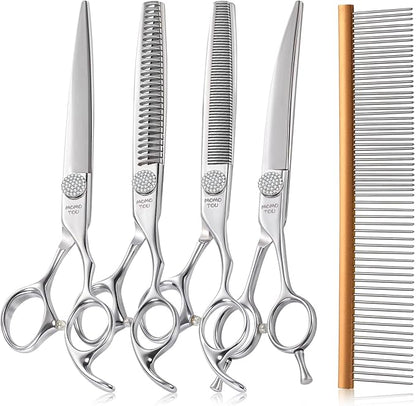 Polished Dog Grooming Scissors Set with Simulation Diamond 440C Stainless Steel Thinner Curved Straight Chunker Shears with Comb 7''