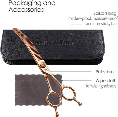 Fenice Peak Professional Dog Grooming Scissors Pet Curved Chunker Shears 7.0'' Extremely Sharp Blades 440C Steel Thinning Scissors Durable Smooth Motion & Fine Cut for Dogs and Cats