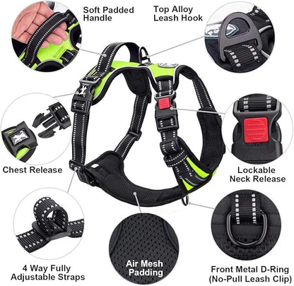 PoyPet No Pull Dog Harness, No Choke Front Clip Dog Reflective Harness, Adjustable Soft Padded Pet Vest with Easy Control Handle for Small to Large Dogs(Green,S)
