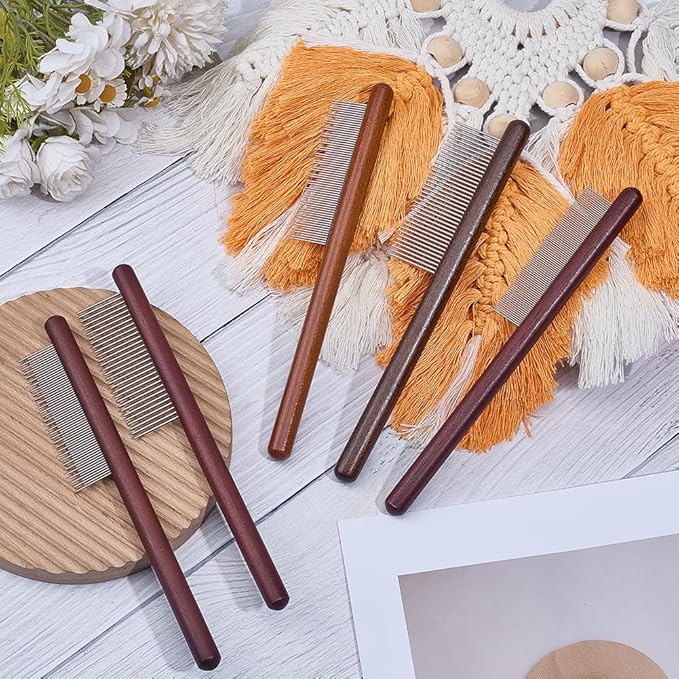 OLYCRAFT 5Pcs 5 Styles Macrame Fringe Combs Stainless Steel Fringe Combs with Wood Handle Wood Pet Combs Grooming Tool Tassel Brush Supplies for DIY Macrame Removing Tangles and Knots