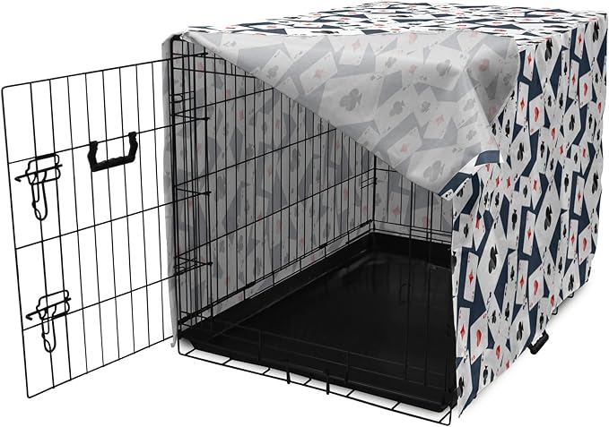 Lunarable Casino Dog Crate Cover, Realistic Style Random Scattered Playing Cards Leisure Time Hobby Games, Easy to Use Pet Kennel Cover for Cats & Medium Dogs, 24 Inch, Cadet Blue Black Red