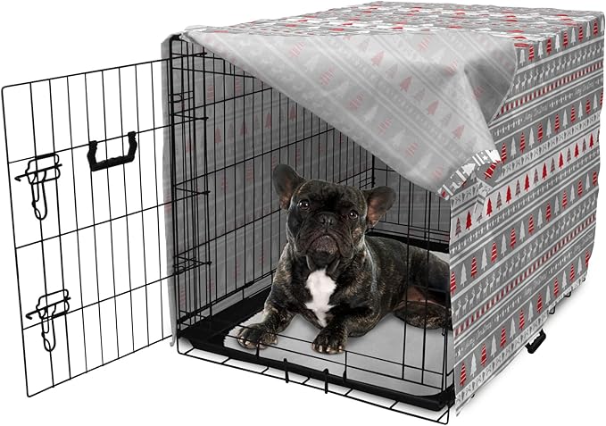 Ambesonne Christmas Dog Crate Cover, Xmas Border Deers Trees and Merry Christmas Lettering Bows Bells Image, Easy to Use Pet Kennel Cover for Cats & Medium Dogs, 24 Inch, Grey White and Red