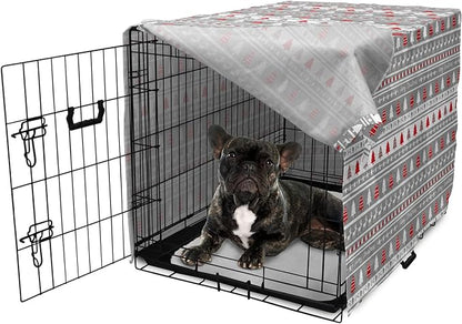 Ambesonne Christmas Dog Crate Cover, Xmas Border Deers Trees and Merry Christmas Lettering Bows Bells Image, Easy to Use Pet Kennel Cover for Cats & Medium Dogs, 24 Inch, Grey White and Red