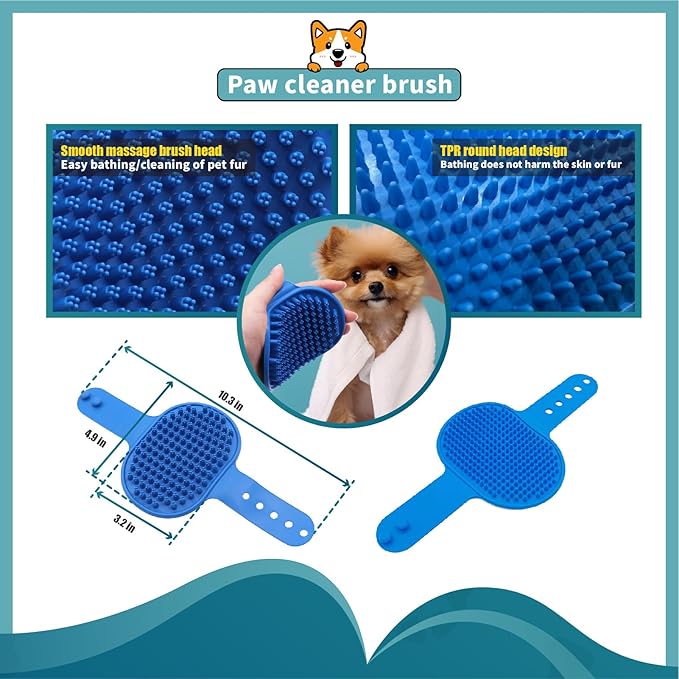 Dog Paw Washer with Handle, Absorbent Towels & Adjustable Bath Brush for Short and Long Hair, Muddy Pet Foot Cleaner (Blue, Large)
