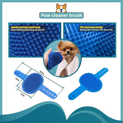 Dog Paw Washer with Handle, Absorbent Towels & Adjustable Bath Brush for Short and Long Hair, Muddy Pet Foot Cleaner (Blue, Large)