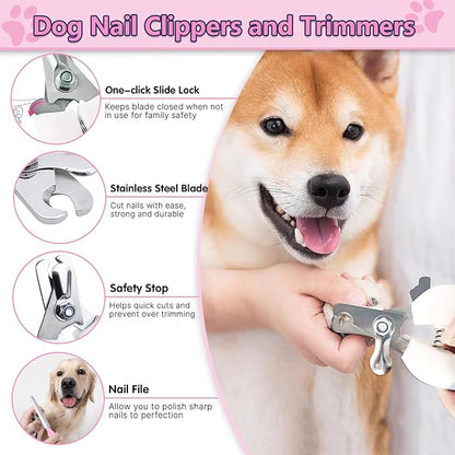 Dog Brush Dog Grooming Kit 7PCS Dog Brush for Shedding-Dog Brushes for Grooming, Dematting Comb for Dogs, Cat & Dog Nail Clipper with Nail File, Flea Comb, Pet Comb, Dog Bath Brush-Pink