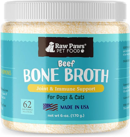 Raw Paws Beef Bone Broth for Dogs & Cats, 6-oz - Made in USA - Dog Food Topper - Bone Broth Protein Powder for Dogs - Powdered Bone Broth for Dogs - Bone Broth for Cats - Dog Gravy Topper for Dry Food