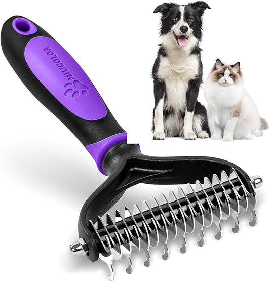 MIU COLOR Pet Grooming Brush, 2 Sided Undercoat Rake for Dogs & Cats, Professional Deshedding Brush and Dematting Tool, Effective Removing Knots, Mats, Tangles for Cats, Dogs, Extra Wide (Purple)