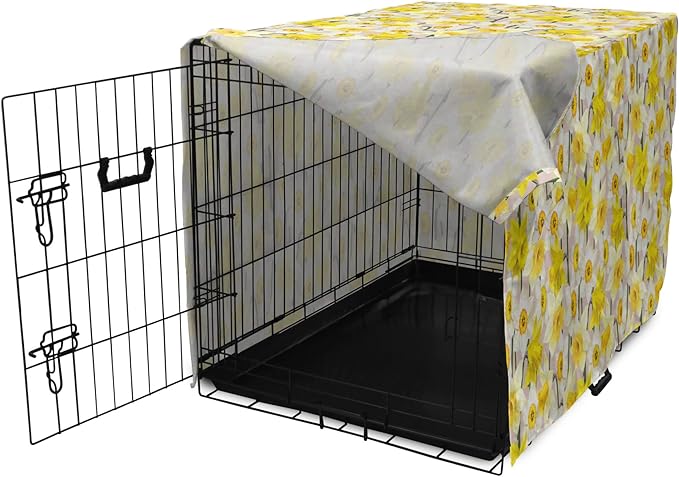 Lunarable Daffodil Dog Crate Cover, Gentle Nature Theme Blooming Spring Season Realistic Romantic Bedding Plants, Easy to Use Pet Kennel Cover for Cats & Medium Dogs, 30 Inch, Yellow Green Tan