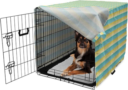 Lunarable Yellow and Blue Dog Crate Cover, Horizontal Chevron Motifs Zigzag Lines Pattern Ombre Inspired Design, Easy to Use Pet Kennel Cover for Medium Large Dogs, 36 Inch, Aqua Mustard