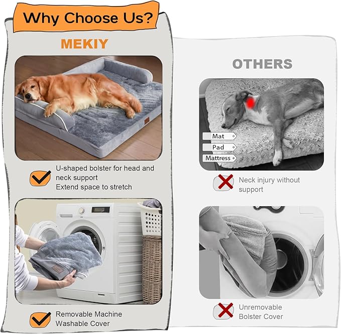 Large Dog Bed Orthopedic Washable, Medium Large XXXLarge Dogs, Orthopedic Grey Dog Bed with Waterproof Cover and Removable Egg Foam, Couch Bed Bolster