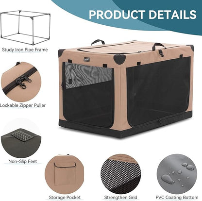PETSFIT Collapsible Dog Crate, Portable Dog Crate-36 Inch Lightweight, Easy Setup, Sturdy, Adjustable Framework with 3 Mesh Door, Soft Dog Kennel Indoor Khaki