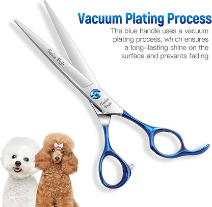 Fenice Peak Grooming Scissors for Dogs 7 inch Straight Pet Grooming Scissors Ergonomically Designed Blue Handles Ideal Dog Shears for Precise Trimming Easy Use.