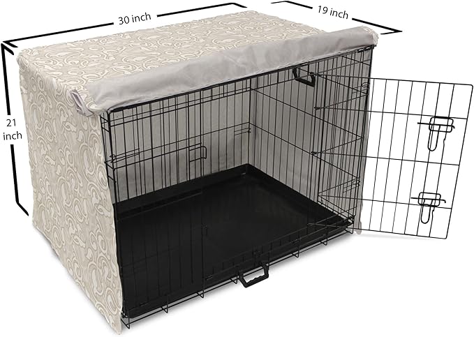 Lunarable Cream Dog Crate Cover, Oriental Motifs with Antique Damask Inspired Design Retro Revival Swirls, Easy to Use Pet Kennel Cover for Cats & Medium Dogs, 30 Inch, Beige White