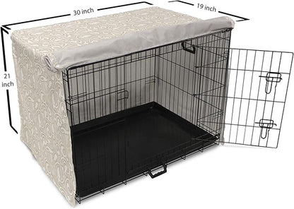 Lunarable Cream Dog Crate Cover, Oriental Motifs with Antique Damask Inspired Design Retro Revival Swirls, Easy to Use Pet Kennel Cover for Cats & Medium Dogs, 30 Inch, Beige White
