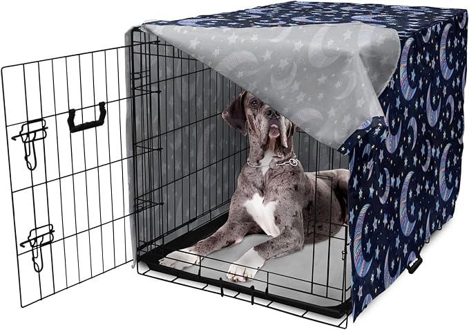 Lunarable Bohemian Stars Dog Crate Cover, Crescent Moon and Night Sky Elements Motif Curvy Background, Easy to Use Pet Kennel Cover for Medium Large Dogs, 48 Inch, Pink Blue