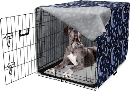 Lunarable Bohemian Stars Dog Crate Cover, Crescent Moon and Night Sky Elements Motif Curvy Background, Easy to Use Pet Kennel Cover for Medium Large Dogs, 48 Inch, Pink Blue