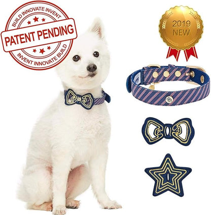 Blueberry Pet 2 Patterns Adjustable Dog Collar with Metal Buckle and 2 Detachable Bowtie - Blue Asymmetric Stripe, Neck 13-16.5", for Medium Breed