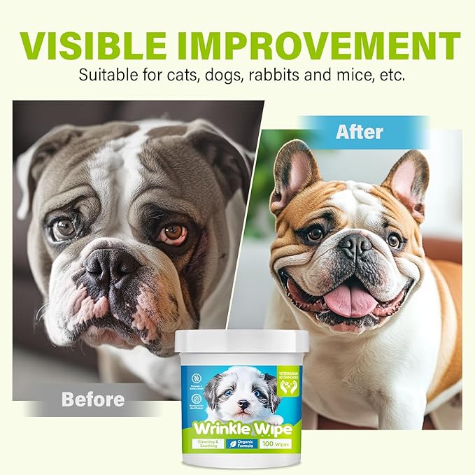 Wrinkle Wipes French Bulldog, Natural Ingredients Dog Face Wipes Dog Wipes for English Bulldog Cleaning & Soothes on Wrinkles, Folds, Tail Pockets