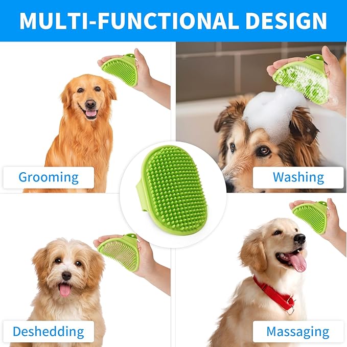 Dog Bath Brush, Thickened and Upgraded, Dog Shampoo Massage Brush with Adjustable Handle, Blue + Green, for Grooming Short and Long Hair Pets
