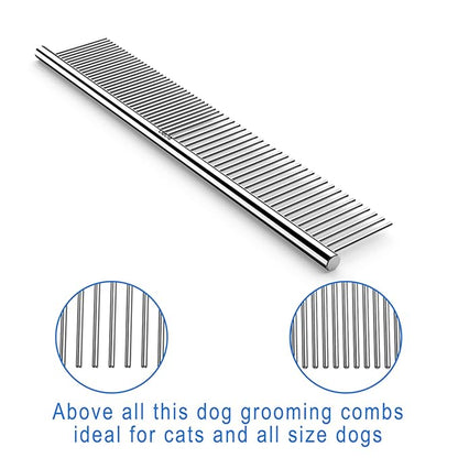ROPO Dog Comb for Removing Matted Fur - Pet Dematting Comb with Rounded Teeth and Non-Slip Grip Handle - Prevents Knots and Mats for Long and Short Haired Pets (Round handle, Bright Silver)