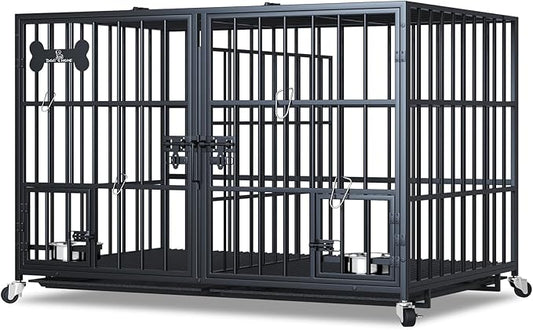 Dosker 48/42 inch XL Dog Crate for Large Dog/Double Medium Dogs,Heavy Duty Metal Dog Cages,All Metal Open Top Stackable,Dog Kennel Indoor with Wheels,Floor Grid, Tray, Divider and Feeding Bowl