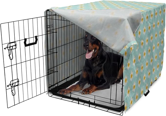 Lunarable Daffodil Dog Crate Cover, Pastel Nature Pattern with Spring Field Theme Narcissus Flower Heads, Easy to Use Pet Kennel Cover for Medium Large Dogs, 42 Inch, Seafoam Cream Yellow