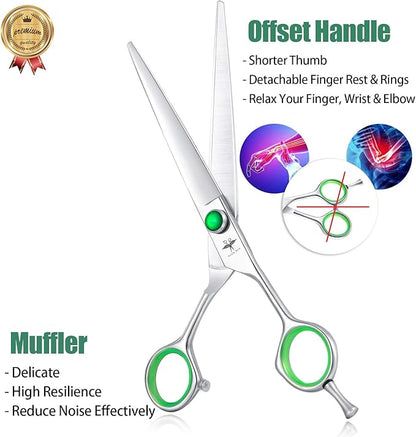 PURPLEBIRD 7 Inch Straight Dog Grooming Scissors Professional Pet Cutting Shears Safety Noiseless Blunt Tip Trimming Shearing for Dogs Cats Japanese Stainless Steel Silver