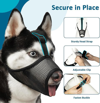 LUCKYPAW Dog Muzzle, Mesh Muzzle for Large Medium Small Dogs, Soft Dog Muzzle to Prevent Biting Chewing Excessive Barking with Adjustable Head Strap, Perfect for Vet Visit (Black, M)