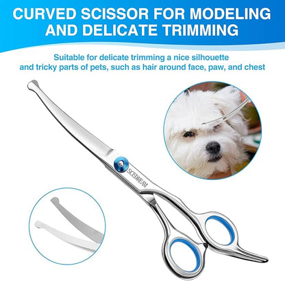 Professional Dog Grooming Scissors with Safety Round Tips, 5 in 1 Dog Grooming Scissors Kit, 4CR Stainless Steel Professional Pet Grooming Shears for Dogs/Cats, Sharp and Durable, Blue