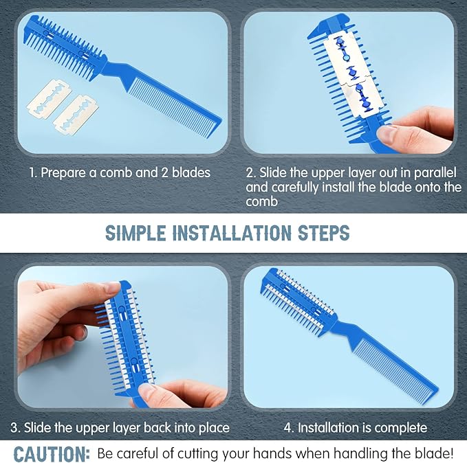 Yinkin 5 Pieces Razor Comb for Dogs Hair Grooming Trimmer for Pet Razor Comb with 25 Extra Blades Manual Dog Hair Trimmer Double Edge for Cats Hair Cutting Tool(Blue)