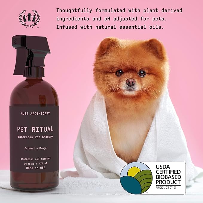 Muse Apothecary Pet Ritual Aromatic Waterless Shampoo for Pets - No Rinse Dog Shampoo - Waterless Shampoo for Cats - Waterless Dog Shampoo for Large Dogs - Essential Oils Infused, 16oz Oatmeal + Mango