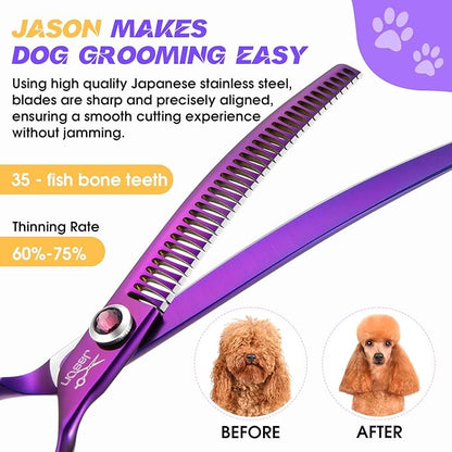 JASON 7.5" Curved Chunkers Shears - Professional Dog Scissors for Grooming, Japanese 440C Stainless Steel Blender Shears with Diamond Adjustable Screw (35 Teeth, Purple)