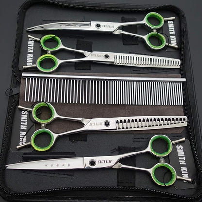 7.0 inches Professional Dog Grooming Scissors Set Straight & thinning & Curved & chunkers & comb 5pcs in 1 Set for left-handed & right handed