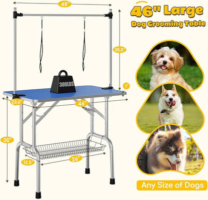 Grooming Table for Dogs, 46" Portable Grooming Table for Large Dogs at Home, Foldable Dog Grooming Table with Arm, Noose, Mesh Tray, Maximum Capacity 300 LBS, Blue