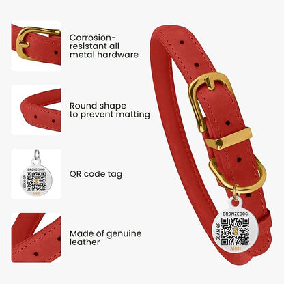 BRONZEDOG Rolled Leather Dog Collar with QR ID Tag Adjustable Soft Round Collars for Small Medium Large Dogs Puppy Cat (7" - 10" Neck Size, Classic Red)
