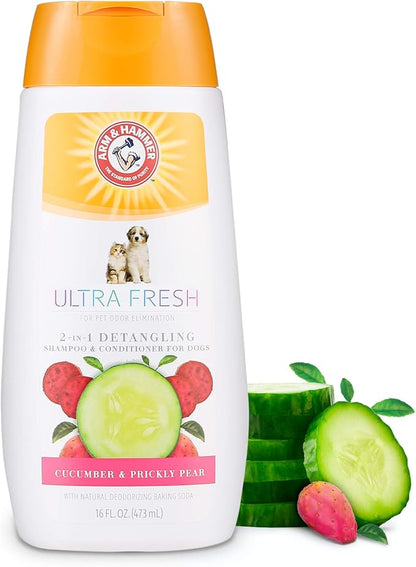 Arm & Hammer Ultra Fresh 2-in-1 Detangling Shampoo and Conditioner, Cucumber & Pear Scent - Dog Wash with Coconut Oil, Baking Soda for Odor Control, Pet Grooming Supplies, 16 Fl Oz