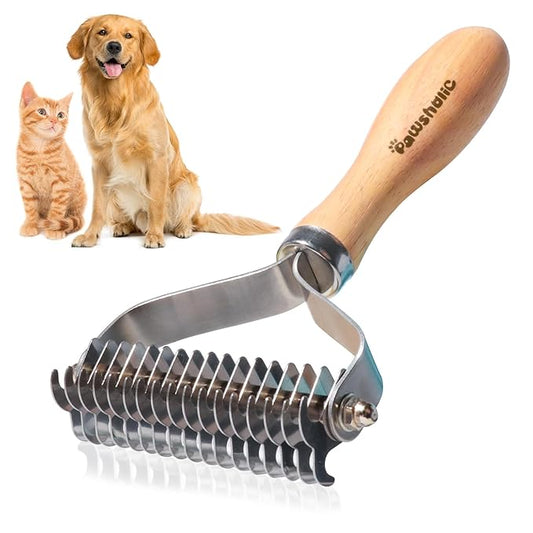 Undercoat Rake for Dogs - Professional Pet Shedding Dematting Comb with Wood Handle, Stainless Steel Blades for Pet Cats Dogs Matted Hair Tangles Removing