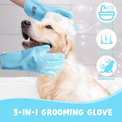 ROPO silicone gloves for pet grooming, multi-functional gloves for pet hair shedding, bathing, and massage (Blue)
